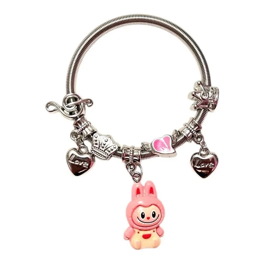 🤯5/$25🤯 Stretchy Pink Labubu Love Heart Crown Note Silver Child’s Charm Bracelet